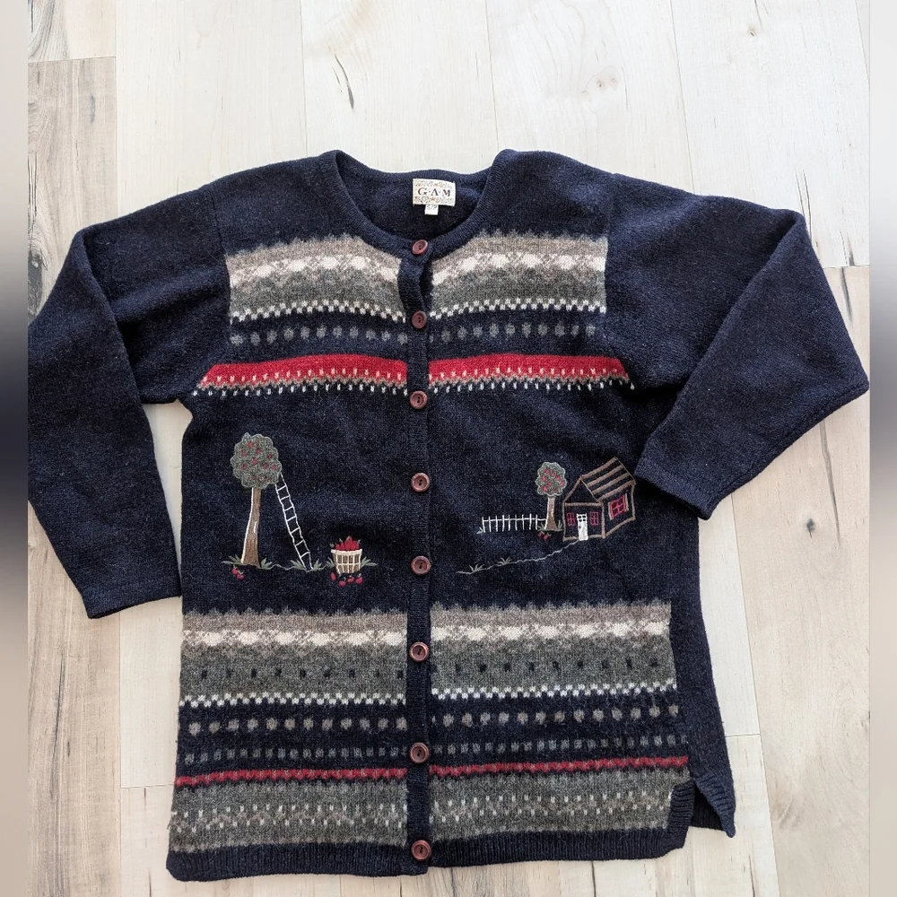 Novelty Pure Wool Grandma Cardigan Knit Sweater - Picture 2 of 5